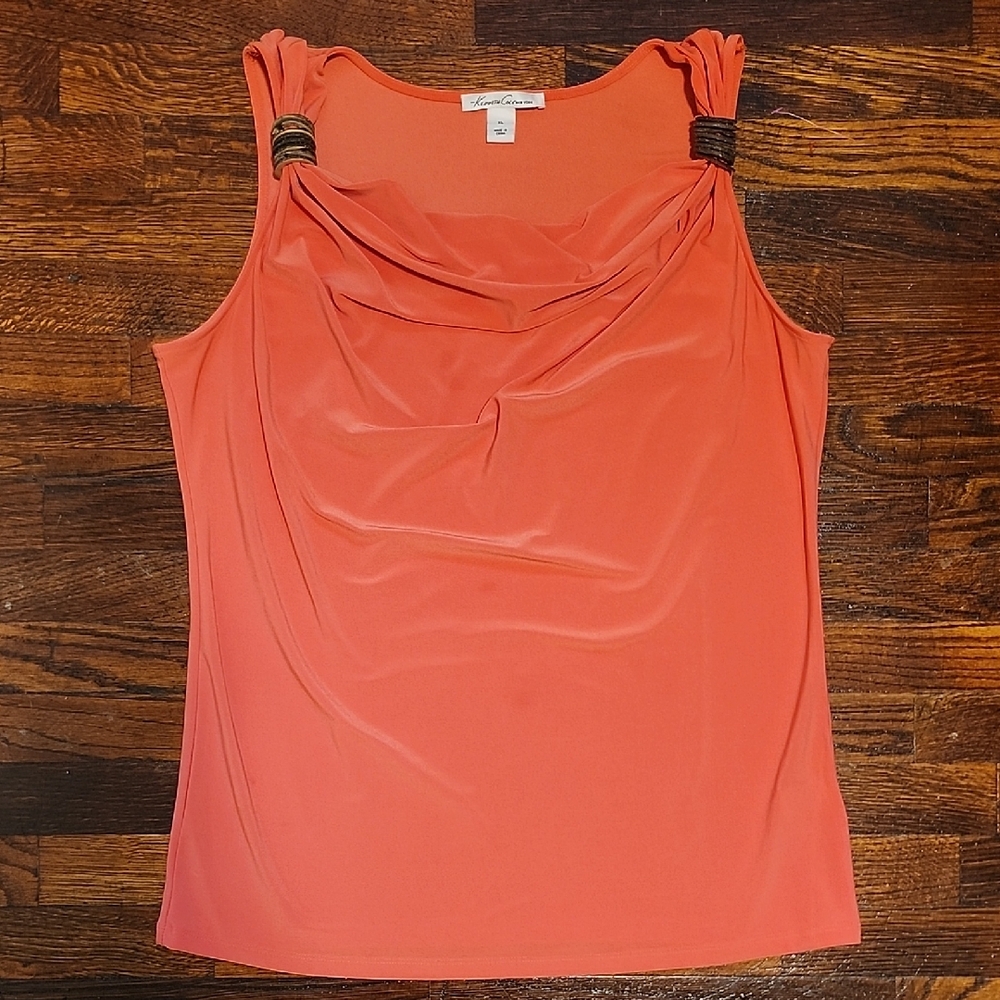 Kenneth Cole New York Coral Draped Tank Top With Ornate Wooden Shoulder Accents